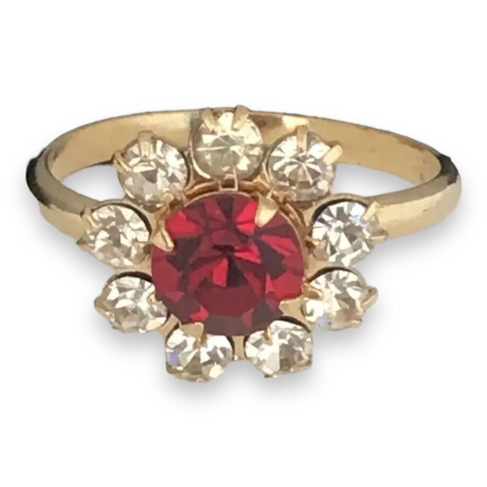 Vintage 1960s Floral Ring Gold Tone Red Rhinestone Crystals Mid Century - 4X